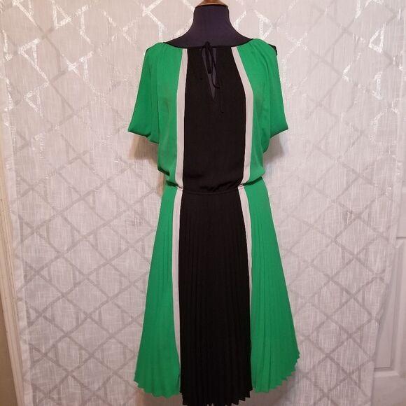 BCBGMaxazria Dress Womrns Small Green Black Chiffon Color Block - Picture 3 of 10
